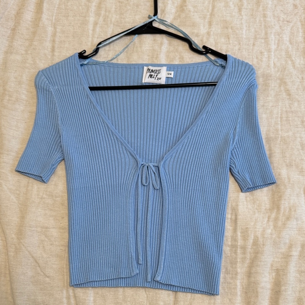Princess Polly Light Blue Ribbed Tie-Front Short Sleeve Top